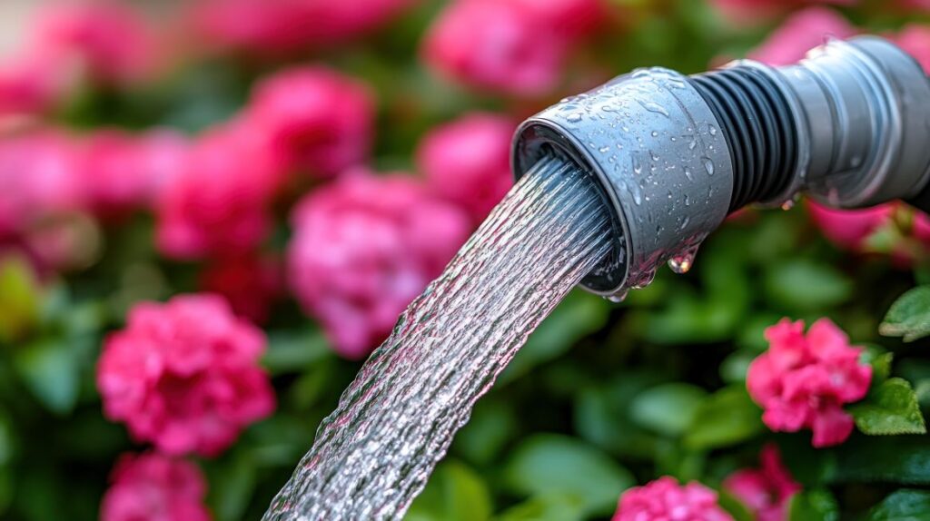 A garden hose watering flowers